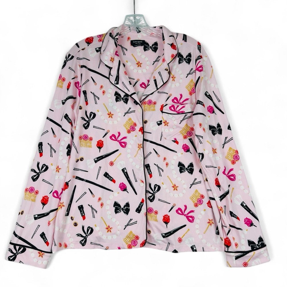 Kate Spade New York Pink Makeup Print Pajama Top Button Front Size L KS92267T